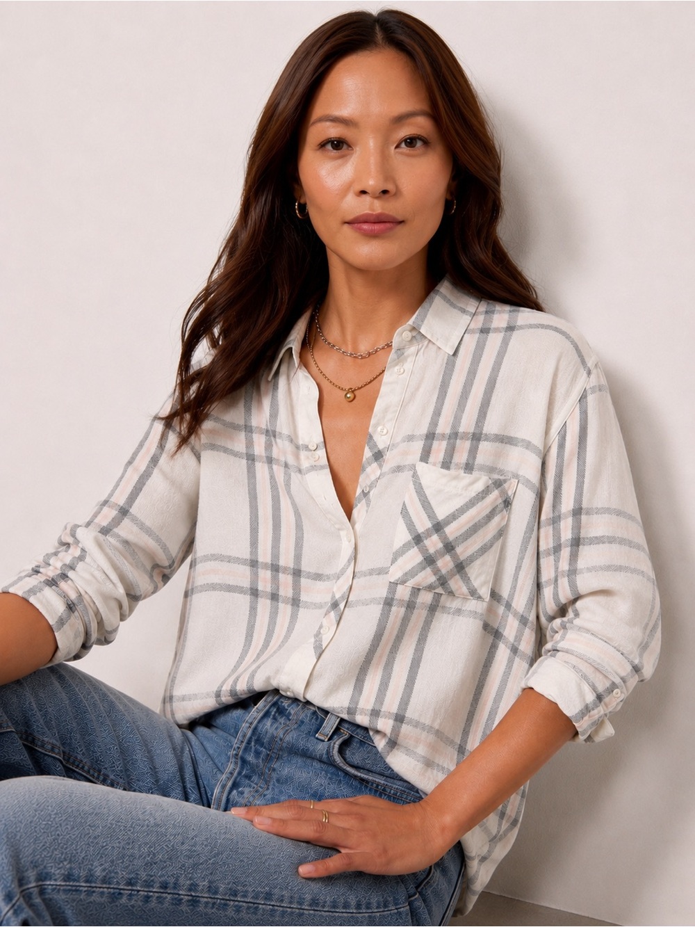 Rails Hunter Plaid Button-Down Shirt – Cream Gray Blush Flannel | Size S
